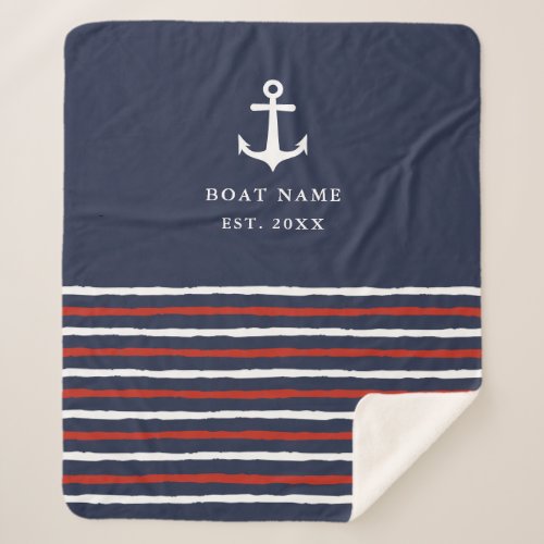 Nautical Boat Name Anchor Stripes Navy Blue Sherpa Sherpa Blanket