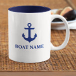 Nautical Boat Name Anchor Two-Tone Coffee Mug<br><div class="desc">Nautical Boat Name Anchor Blue and White Mug</div>