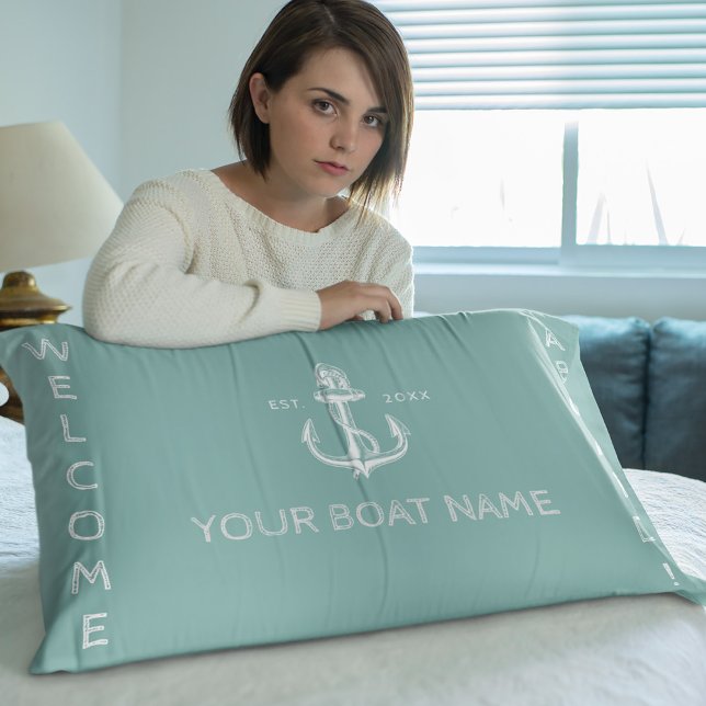 Nautical boat name anchor welcome aqua blue lumbar pillow (Creator Uploaded)