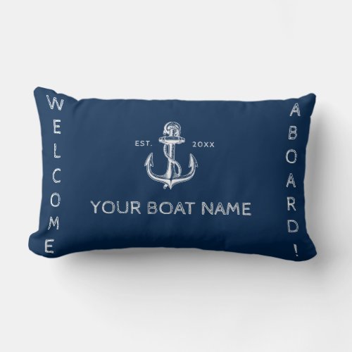 Nautical boat name anchor welcome navy blue  lumbar pillow