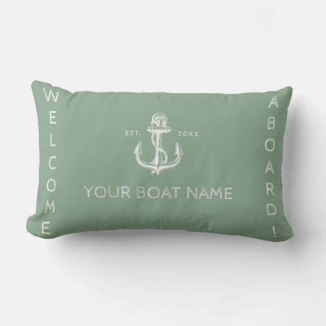 Nautical boat name anchor welcome sea green lumbar pillow (Front)