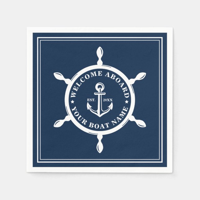 Nautical Boat Name Anchor Wheel Navy Blue Napkins (Front)