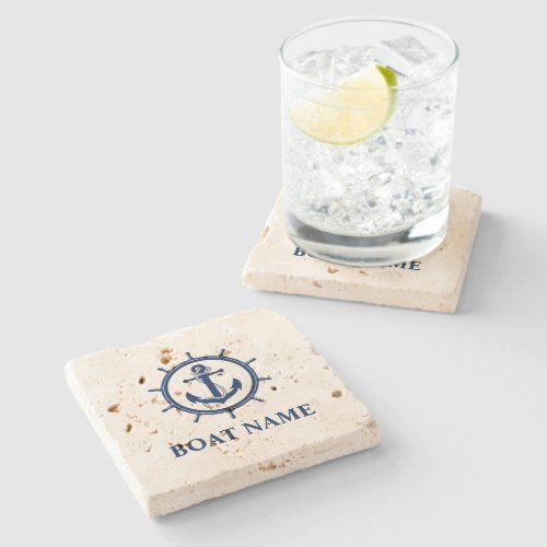 Nautical Boat Name Anchor Wheel Travertine Stone Coaster