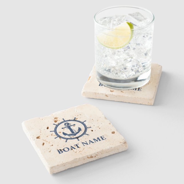 Nautical Boat Name Anchor Wheel Travertine Stone Coaster (Side)