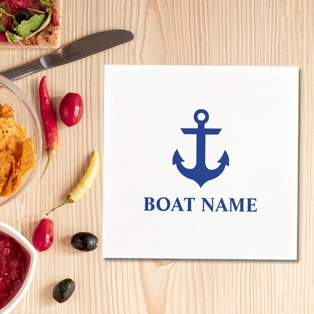 Nautical Boat Name Anchor White Cocktail Paper Napkins (Customize to change text size or text style. )