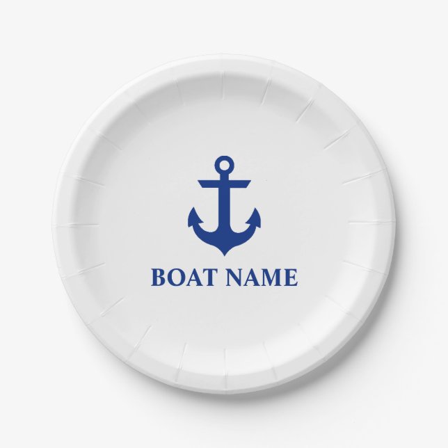 Nautical Boat Name Anchor White Paper Plates (Front)