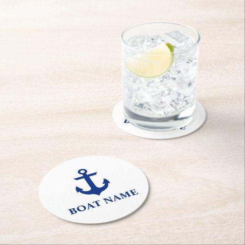 Nautical Boat Name Anchor White Round Paper Coaster