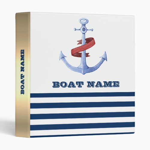 Nautical Boat NameBlue Anchor Navy Blue Striped 3 Ring Binder