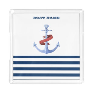 Nautical Boat Name,Blue Anchor Navy Blue Striped Acrylic Tray