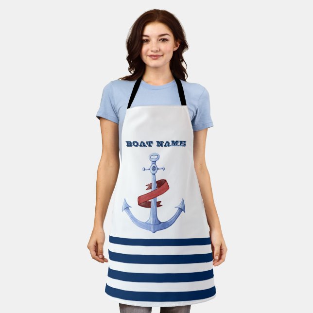 Nautical Boat Name,Blue Anchor Navy Blue Striped Apron (Worn)