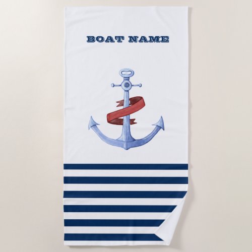 Nautical Boat NameBlue Anchor Navy Blue Striped Beach Towel