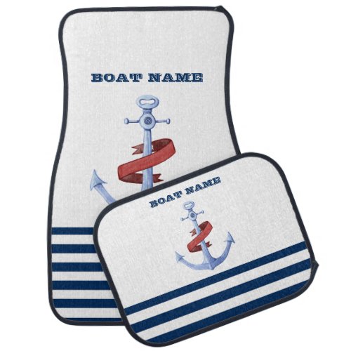 Nautical Boat NameBlue Anchor Navy Blue Striped Car Floor Mat