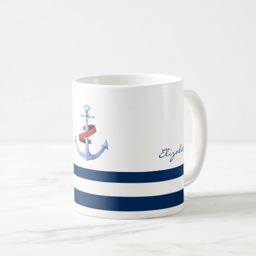 Nautical Boat NameBlue Anchor Navy Blue Striped Coffee Mug