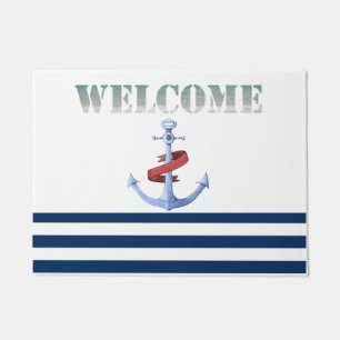 Nautical Boat Name,Blue Anchor Navy Blue Striped Doormat