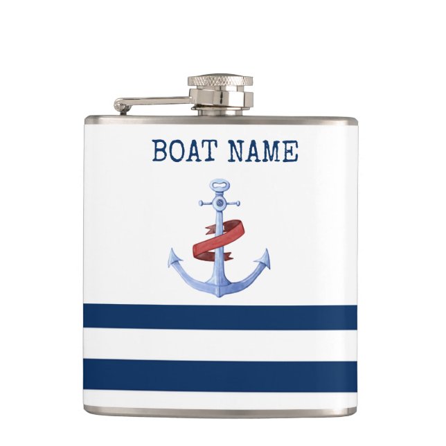 Nautical Boat Name,Blue Anchor Navy Blue Striped Flask (Front)