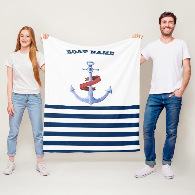 Nautical Boat Name,Blue Anchor Navy Blue Striped Fleece Blanket (In Situ)