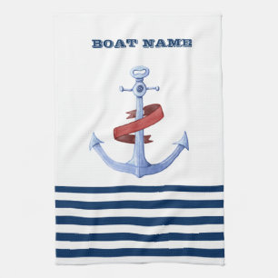Nautical Boat Name,Blue Anchor Navy Blue Striped Kitchen Towel