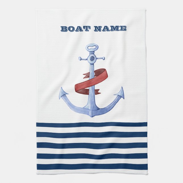 Nautical Boat Name,Blue Anchor Navy Blue Striped Kitchen Towel (Vertical)