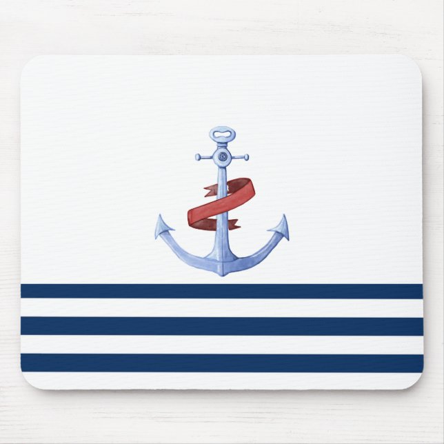 Nautical Boat Name,Blue Anchor Navy Blue Striped Mouse Pad (Front)