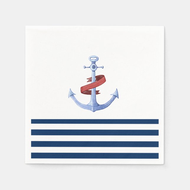 Nautical Boat Name,Blue Anchor Navy Blue Striped Napkins (Front)