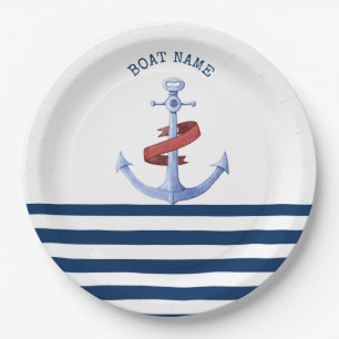 Nautical Boat Name,Blue Anchor Navy Blue Striped Paper Plates