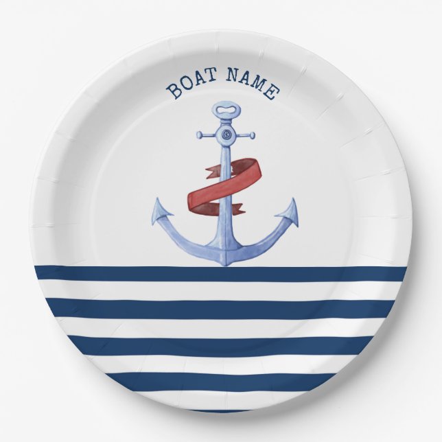 Nautical Boat Name,Blue Anchor Navy Blue Striped Paper Plates (Front)