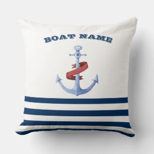 Nautical Boat Name,Blue Anchor Navy Blue Striped Throw Pillow