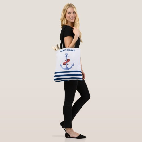 Nautical Boat NameBlue Anchor Navy Blue Striped Tote Bag