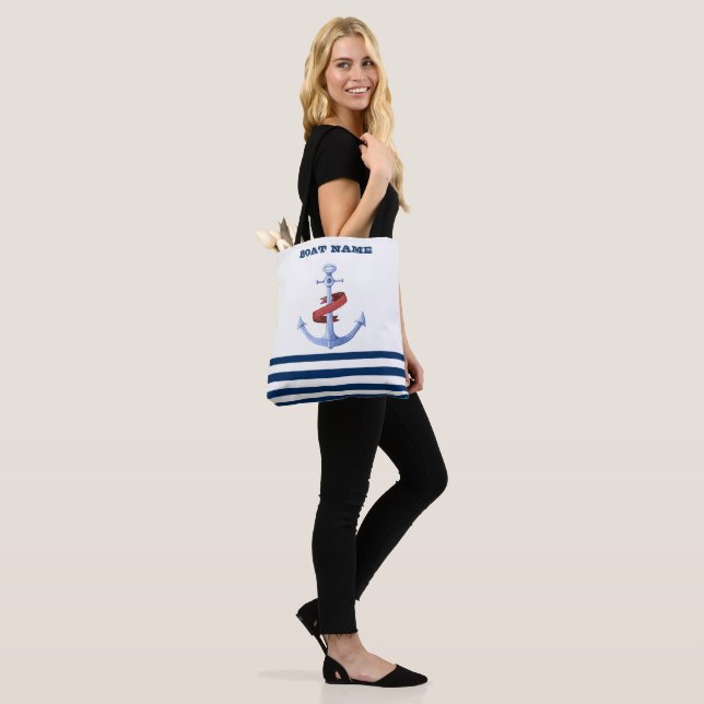 Nautical Boat Name,Blue Anchor Navy Blue Striped Tote Bag (On Model)