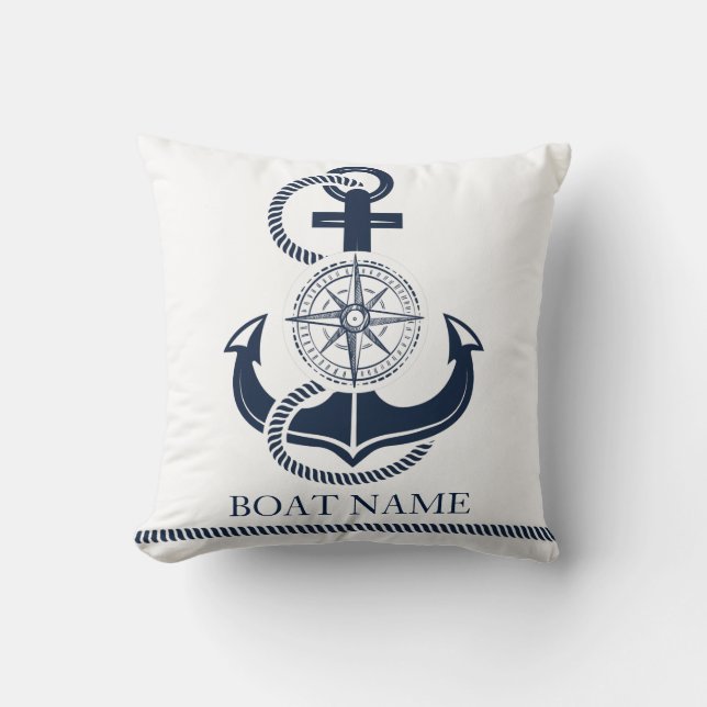 Nautical Boat Name Blue Anchor Throw Pillow (Front)
