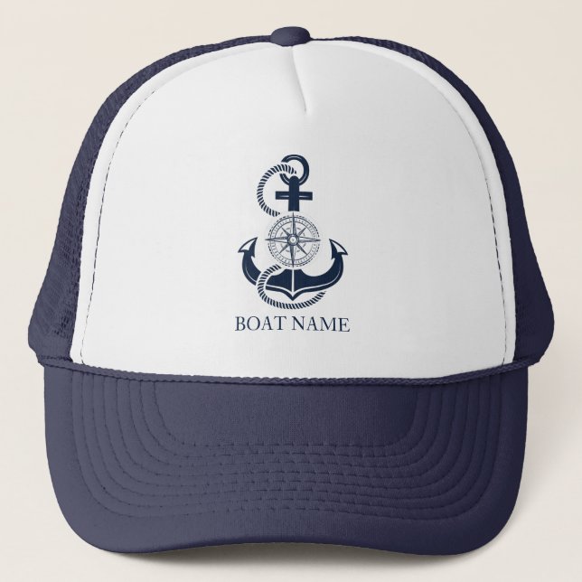 Nautical Boat Name Blue Anchor Trucker Hat (Front)