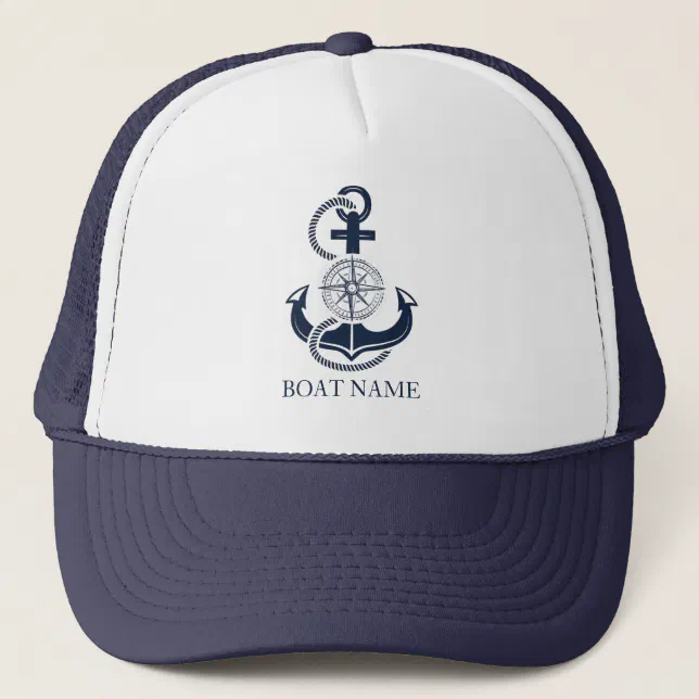 Nautical Boat Name Blue Anchor Trucker Hat | Zazzle