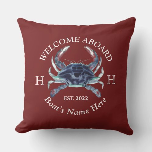 Nautical Boat Name Blue Crab Welcome  Burgundy Red Outdoor Pillow