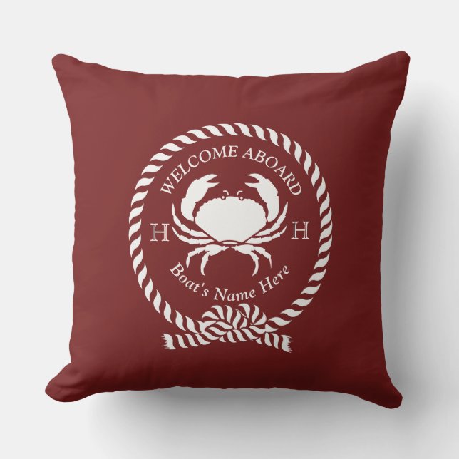 Nautical Boat Name Crab Rope Maroon Red Welcome Outdoor Pillow (Front)