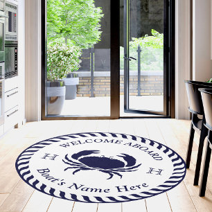 Nautical Boat Name Crab Rope Navy Blue Outdoor Rug