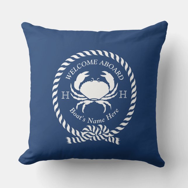 Nautical Boat Name Crab Rope Navy Blue Welcome Outdoor Pillow (Front)