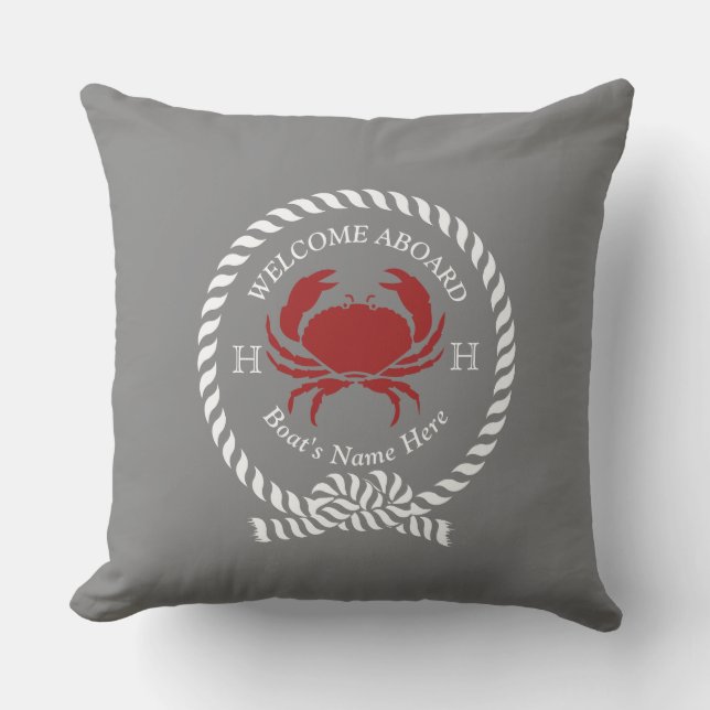Nautical Boat Name Crab Rope Navy Blue Welcome Outdoor Pillow (Front)