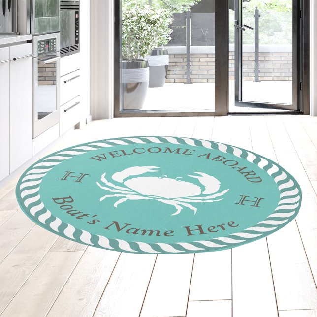 Nautical Boat Name Crab Rope Teal Blue  Outdoor Rug (Creator Uploaded)