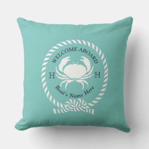 Nautical Boat Name Crab Rope Teal Blue Welcome Outdoor Pillow