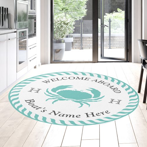 Nautical Boat Name Crab Rope White Teal Blue Outdoor Rug