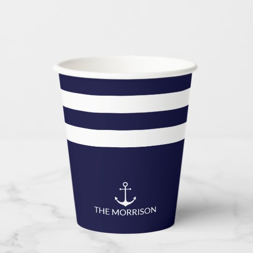 Nautical Boat Name dark navy white anchor stripes  Paper Cups