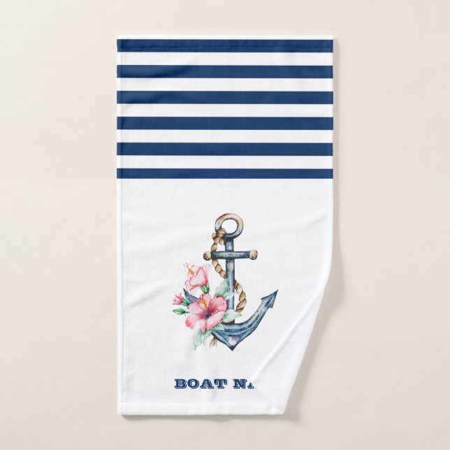 Nautical Boat Name,Floral Anchor Navy Blue Striped Bath Towel Set (Hand Towel)