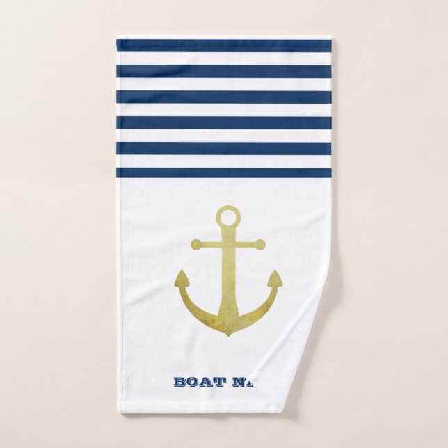 Nautical Boat Name,Gold Anchor  Navy Blue Striped Bath Towel Set (Hand Towel)