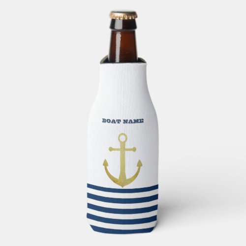 Nautical Boat NameGold Anchor  Navy Blue Striped Bottle Cooler