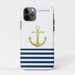 Nautical Boat Name, Gold Anchor Navy Blue Striped iPhone 11 Pro Case