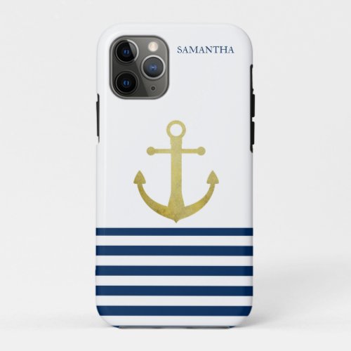 Nautical Boat Name Gold Anchor Navy Blue Striped iPhone 11 Pro Case