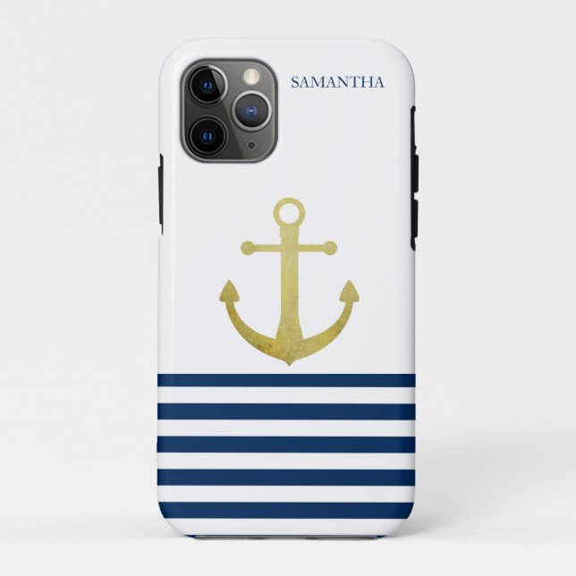 Nautical Boat Name, Gold Anchor Navy Blue Striped Case-Mate iPhone Case (Back)