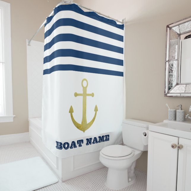 Nautical Boat Name,Gold Anchor  Navy Blue Striped Shower Curtain (In Situ)