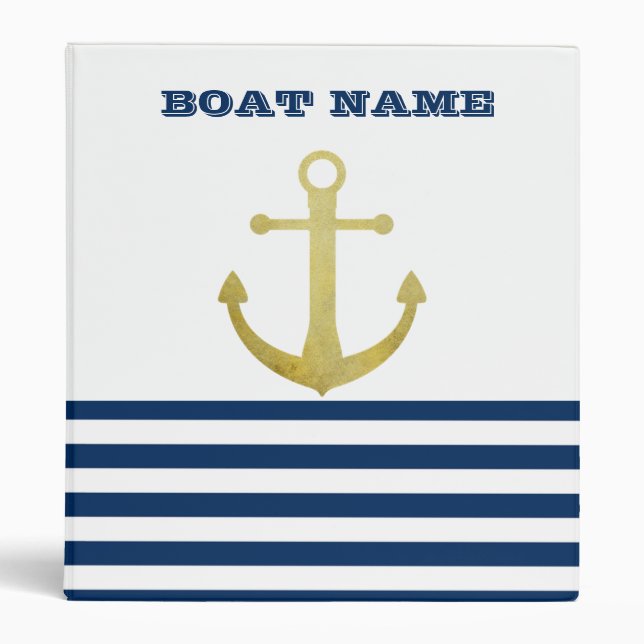 Nautical Boat Name,Gold Anchor Navy Blue Stripes 3 Ring Binder (Front)