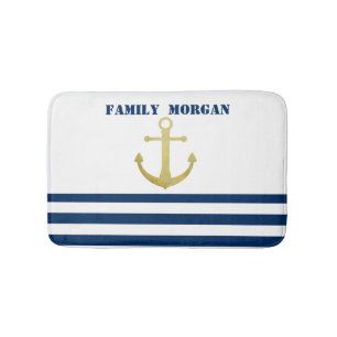 Nautical Boat Name,Gold Anchor Navy Blue Stripes Bath Mat